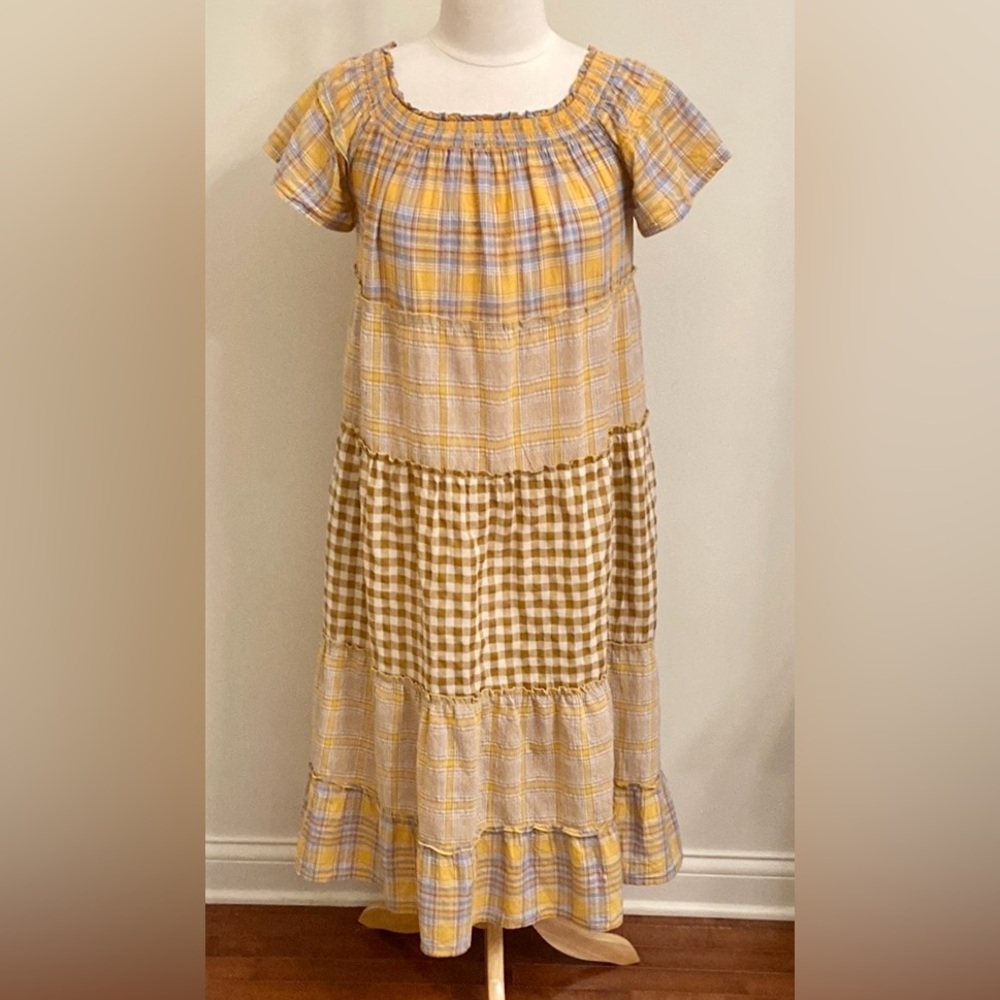 Easel Brown Yellow Blue Plaid Gingham S Country Garden Picnic Cottagecore Dress
